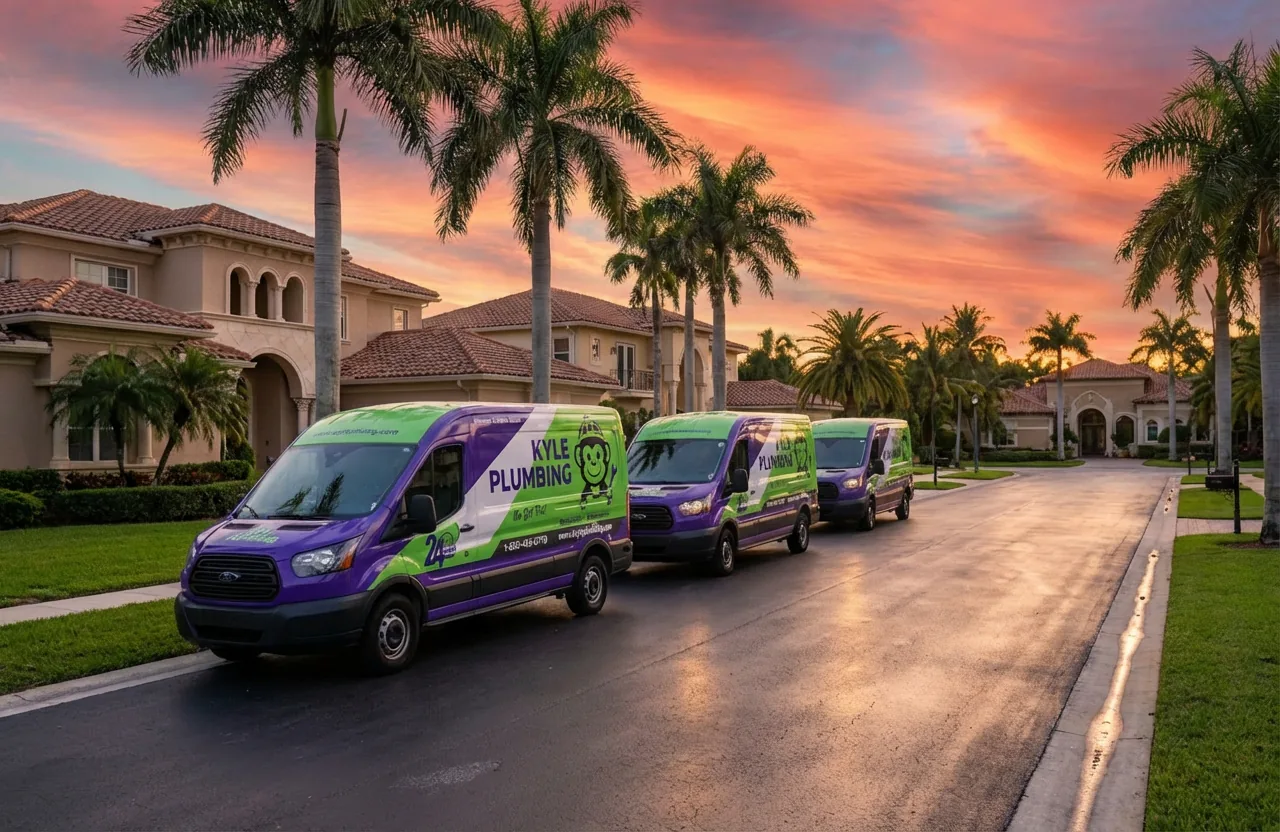 Kyle Plumbing service vans on a residential street at sunset in Broward County